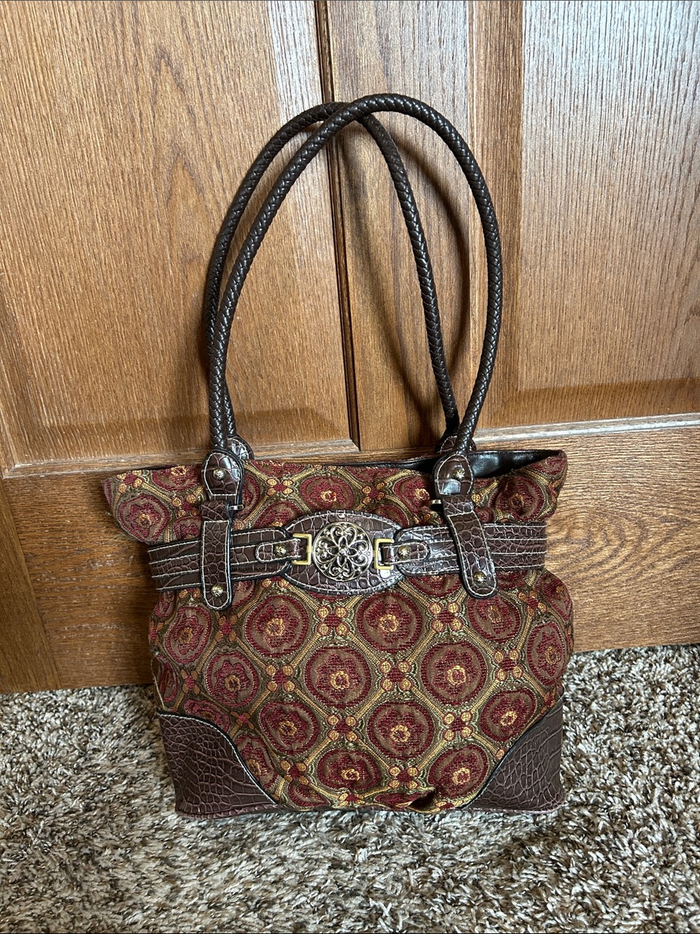 Vintage Inspired Paisley Tapestry Tote Bag Faux Leather Western Boho Shoulder